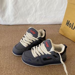 2026 Autumn Winter Hong Kong Retro Bread Shoes Women Dark Blue Yellow Color <b>Block</b> Ins Trend Thick Sole Versatile Casual Sneakers - Product Image 5