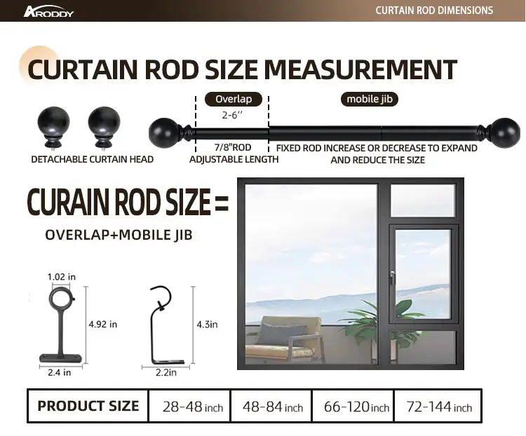 ARODDY Juego de barras de cortina de ventana de fácil instalación de 48 "a 84" con soportes postes de cortina de empalme negro resistente