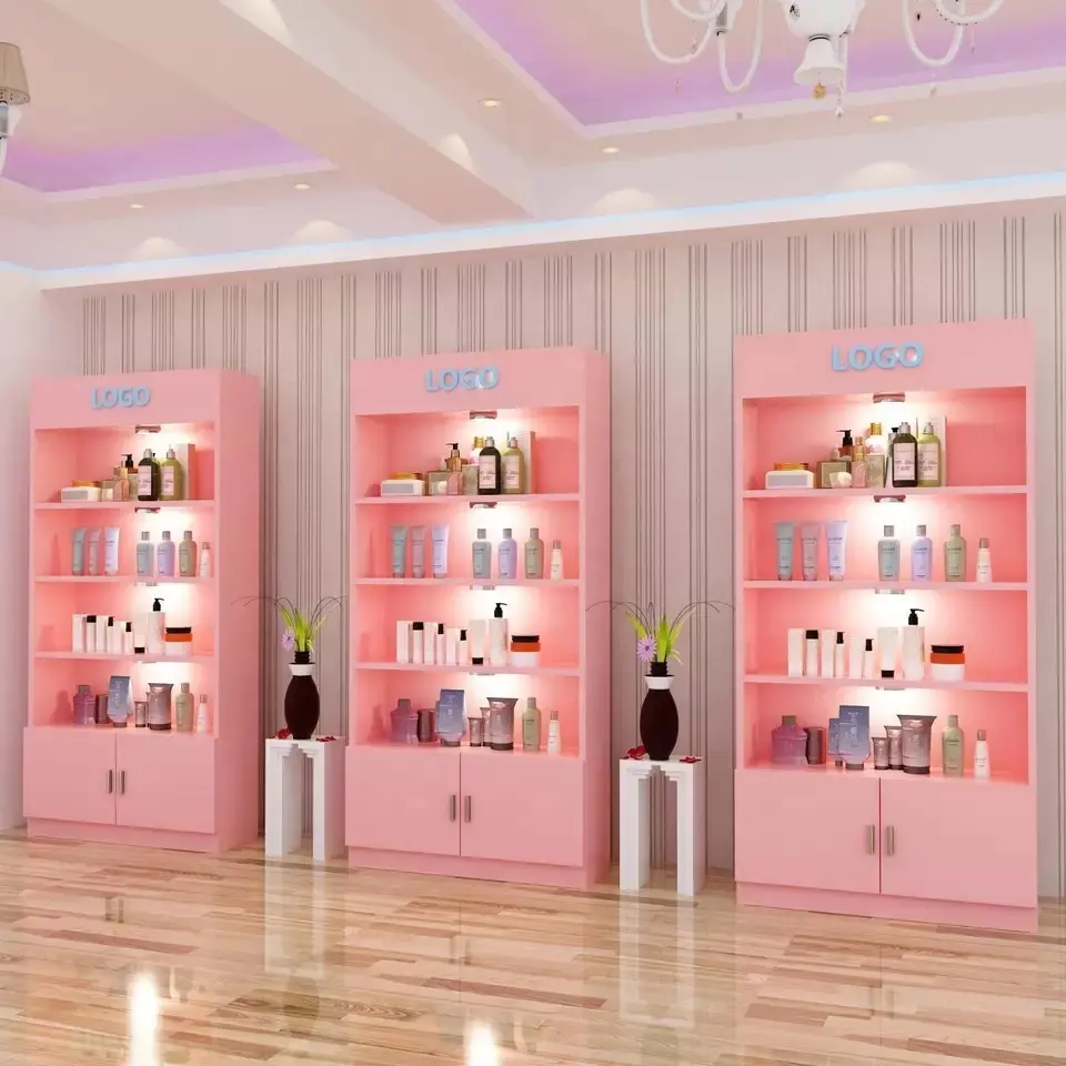 Özel ahşap makyaj oje kiosk pembe tırnak sergileme rafı rafları alışveriş merkezi kozmetik ekran standı