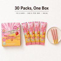 Biscuits Halal à la fraise enrobés d'une couche de crème fruitée et d'un cœur croustillant de blé, en sachets individuels de 18g