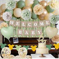 Décorations de ballons vert sauge pour baby shower avec bannière WELCOME BABY, rideaux à franges, ballons en aluminium, fournitures pour fête d'anniversaire
