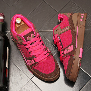 2026 New Designer Inspired Hot Pink Rhinestone Skate Sneakers, men's Luxury Brown Color <b>Block</b> Lace Up Street Casual Shoes - Product Image 1
