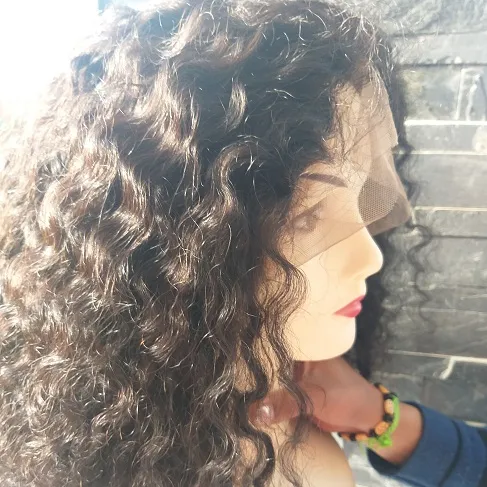 Wig rambut manusia Virgin Brasil depan renda keriting dengan garis rambut alami pra-pencabutan tenun tubuh lurus