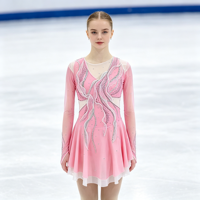 Robe de patinage artistique rose clair, manches longues en maille, jupe décorée de strass pour enfants et adultes, compétition de patinage sur glace, performance