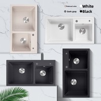 Évier de cuisine double à deux trous en granit quartz moderne à encastrer avec robinet, blanc, épaisseur 3,0-5,0 mm, garantie 1 an