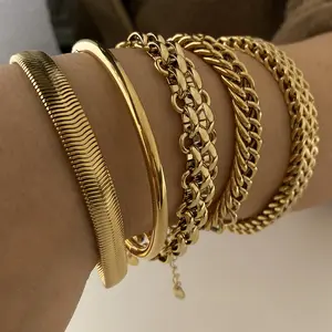 OEM Customized Vintage Waterproof Jewelry Stainless Steel Cuban Chain Bracelet 18k Gold Plated Mesh Bracelet For Women