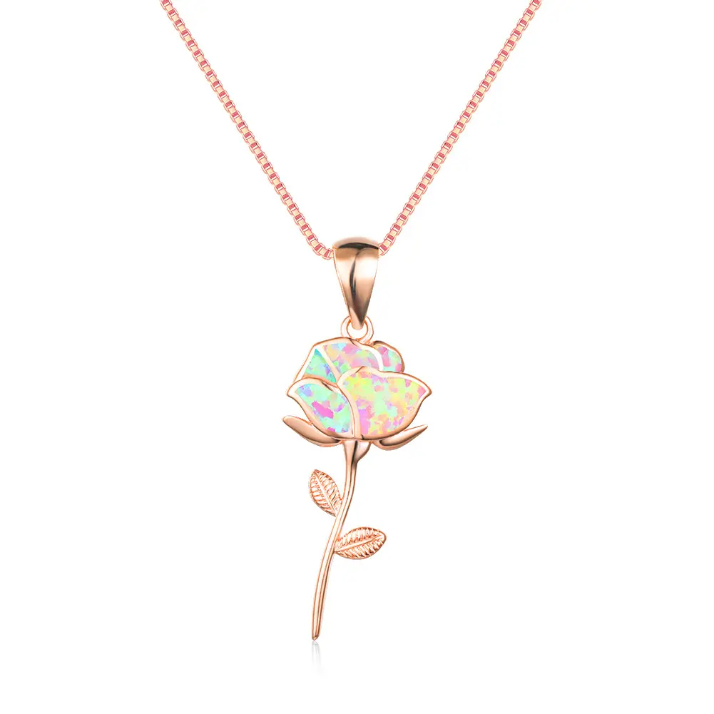 Mode Elegan 925 Perak Mawar Bunga Putih Ungu Opal Liontin Kalung Rose Gold Rantai Kalung Perhiasan untuk Hadiah