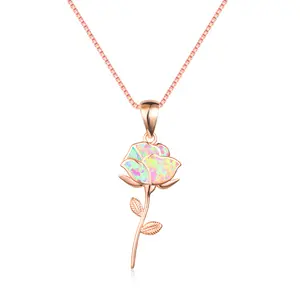 Mode Elegant Silber Rose Blume weiß Lila Opal Anhänger Halskette Roségold Kette Halskette Schmuck als Geschenk