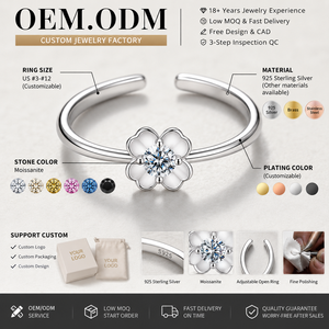 Anel Aberto Ajustável de Prata Esterlina 925 Qing com Trevo de Quatro Folhas e Moissanite Brilhante – Joia Fina Feminina OEM/ODM - Product Image 1
