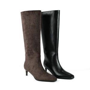 מגפי נשים מערביות חומות מעור זמש עד הברך - קצה מחודד, עקב דק, סוליית גומי, נעליים אלגנטיות לסתיו וחורף - Product Image 4