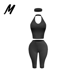 Completo Set Donna Primavera Estate 2026: Top Corto Halter a Doppio Strato in Cotone con Logo Personalizzato, Leggings Capri e Fascia per Capelli - Product Image 6