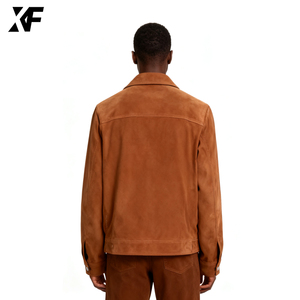 旭飞原创设计师高品质定制纽扣夹克复古奢华拉链休闲棕色麂皮夹克男士复古夹克 - Product Image 4