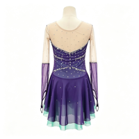 Robe de patinage artistique et de danse pour enfants et adultes, violet menthe, col en V, manches longues en maille, dos orné de strass, pour compétition et spectacle de patinage sur glace