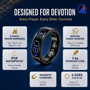 Bague Tasbih Numérique Intelligente avec Compteur et 5 Rappels Vibrants pour les Prières Quotidiennes, Personnalisable OEM, Étanche IP68, Bague Dhikr pour Musulmans - Product Image 2
