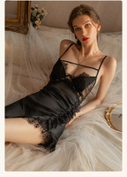 Chemise de nuit en satin respirant haut de gamme, sexy et érotique, avec dentelle exquise, couleur unie, en soie glacée séduisante
