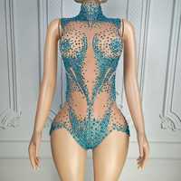 Ocstrade Leuchtend Blauer Kristall-Gradient Bodysuit für Damen Jumpsuits Ärmellos Rollkragen Cut-Out Maßgeschneiderte Tanzkleidung Party-Outfit