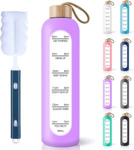 Bouteille d'eau en verre borosilicate avec manchon en silicone sans BPA de 1000 ml, couvercle en bambou avec impression de marquage du temps - Product Image 5