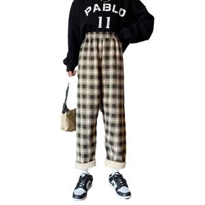 Kadın rahat kış ekose pantolon yüksek bel kuzu polar astarlı düz geniş bacak tasarım elastik bel kapatma bir boyut gevşek Fit - Product Image 5