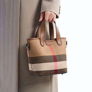 New Trend Stripes Canvas Genuine Leather Luxury <b>Small</b> Women Bag Female Tote <b>Purse</b> Retro Versatile Top Handle Lady Bucket Handbag - Product Image 1