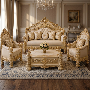 Collection de meubles de salon de style Versailles de luxe, canapé et chaises en bois sculpté doré ivoire majestueux, ensemble de salon rococo - Product Image 1