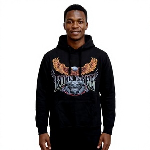 Sweat-shirt à capuche noir pour homme avec imprimé aigle et moteur, coupe classique, style décontracté, poche avant, impression sérigraphiée - Product Image 1
