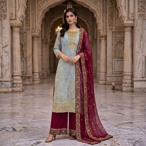 Ensemble Kurti bleu clair brodé, pantalon palazzo bordeaux et dupatta, tenue de fête indienne - Product Image 1