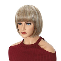 Perruque complète en cheveux naturels sans lacet, style bob, fabrication à la machine, courte, couleurs mélangées blond et brun, modèle 024