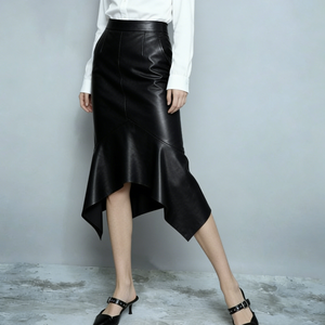 Jupes de soirée formelles confortables pour femmes, élégantes, noires, <span class=keywords><strong>en</strong></span> similicuir souple, taille haute, ourlet asymétrique sirène, mi-longues - Product Image 2