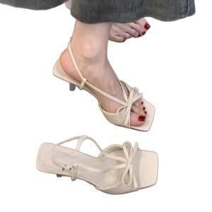 2026 New Summer Women's French Style Square Toe <b>Bow</b> Open Toe Sandals, Back Strap Thin Heel High Heeled <b>Shoes</b> - Product Image 5