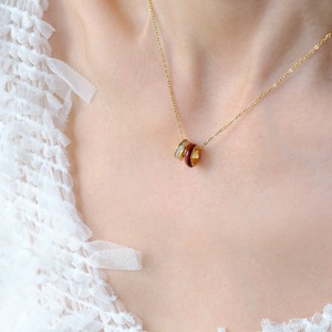 Fashion Dual <b>Ring</b> Stainless Steel <b>Necklace</b>, Wine Red Drip Oil Red Zircon Versatile Jewelry for Commemoration Gift - Product Image 3
