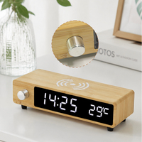 EMAF Bambú Retro Perilla Temperatura Digital Alarma de madera Cargador inalámbrico electrónico Cargador inalámbrico Rápido Reloj de mesa de escritorio