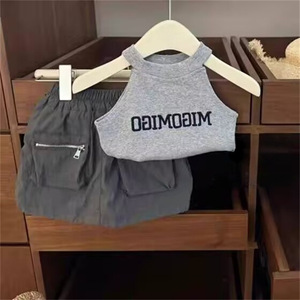 Girls Two Piece Set Halter Neck Letter Vest With Shorts Cotton Summer Outfit For Kids Fashionable Style - Product Image 1