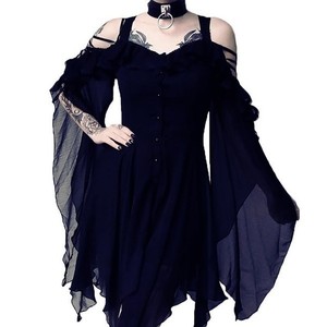 Sling sans bretelles épaule maille manches évasées plissé ourlet irrégulier <span class=keywords><strong>Halloween</strong></span> film TV Costumes femmes gothique <span class=keywords><strong>Punk</strong></span> robe noire - Product Image 4