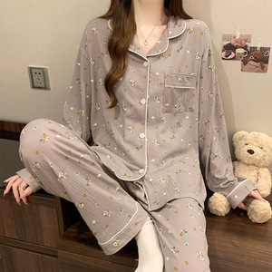 Lente Koreaanse gerimpelde pyjama's Zoete meisjes revers lange mouwen <span class=keywords><strong>sets</strong></span> borstzak elastische taille multi-print buitenkleding nachtkleding huispak - Product Image 2