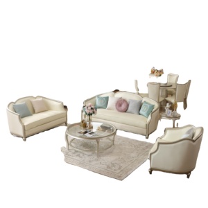 Elegante Juego de Sofás para Sala de Estar en Color <span class=keywords><strong>Crema</strong></span> Blanco, Estilo Provincial Francés, Reposabrazos Curvos, Juego de Muebles Tapizados de 3+2+1 Plazas - Product Image 3