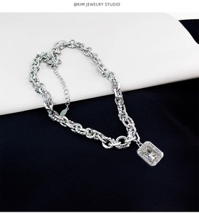 Hiphop Style Unisex Stainless Steel Chain square cubic zirconia CZ Pendant Choker Necklace bulk wholesale - Product Image 6