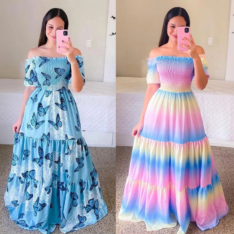 Wholesale Womens Bohemian Casual Dresses Rainbow Tie Dye Ruffle Dress Off Houlder Butterfly Print Fashion Clothes Boho Clothing,2 Pieces
