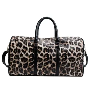 女性旅行行李袋随身手提包周末过夜包豹纹PU皮革斜挎包