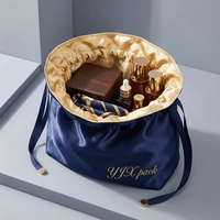 Sac à cordon en satin de soie double couche avec logo personnalisé, bleu et or, grand format, pour cosmétiques, bijoux, perruques et emballages capillaires, pour YJX