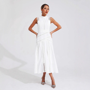 Robe de soirée midi blanche sans manches en dentelle, col rond, fermeture éclair sur le devant, taille naturelle, respirante - Product Image 2