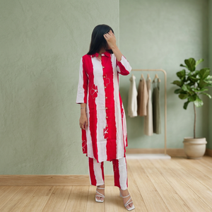 Ensemble pantalon et robe midi à col contrastant rayé rouge et blanc, manches trois quarts, en coton tissé, séchage rapide, tenue décontractée d'été - Product Image 1