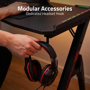 Table de jeu AOR HWS-H2, <span class=keywords><strong>bureau</strong></span> pour PC, éclairage LED RGB, porte-gobelet, <span class=keywords><strong>plateau</strong></span> pour écouteurs, surface en bois, structure démontable - Product Image 2