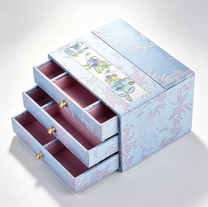 Boîte à bijoux ronde multicouche en carton rigide, motif floral en soie bleue de luxe, brodée, pour cadeau - Product Image 6