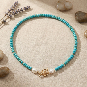 Turquoise Beaded Necklace Pearl Toggle Choker Boho Style Summer Gemstone Minimalist Design Jewelry Necklaces - Product Image 6