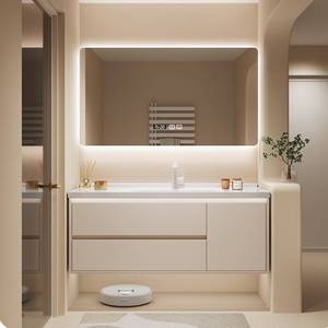 Rounded cream style ceramic integrated basin intelligent lighting mirror storage cabinet bathroom cabinet - Product Image 6