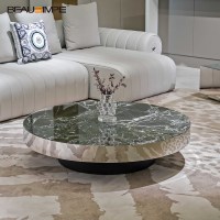Table d'appoint en travertin minimaliste avec dessus en verre artisanal & base en pierre naturelle, personnalisable pour salon