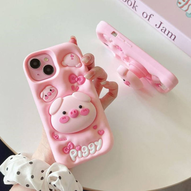 Cute Pink Cartoon 3D Pig Holder Bracket Real Silicone Mobile Phone Case for iPhone 17 Pro Max 16 15 14 13 12 Cover