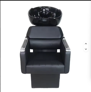Unidad de Lavacabezas para Salón de Belleza y Barbería, con Lavabo Inclinable de Cerámica Blanca y Negra, Asiento Ajustable y Cama para Lavado de Cabello - Product Image 1