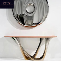 Table console murale en acier inoxydable de luxe moderne avec plateau en cuir, design semi-circulaire pour salon, entrée