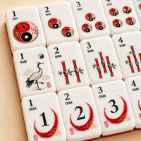 Set Ubin Mah Jongg Akrilik Lapis Ganda, Bagian Belakang Merah Tua, Motif Bambu Tradisional Yin Yang, Motif Naga Angin Joker Bunga